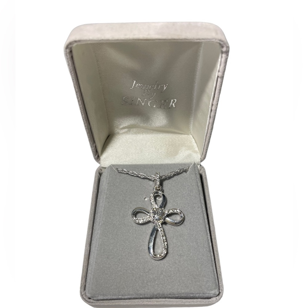 Singer Silver Cross Pendant Necklace Costume Cubic Zirconia 20" Chain Christian